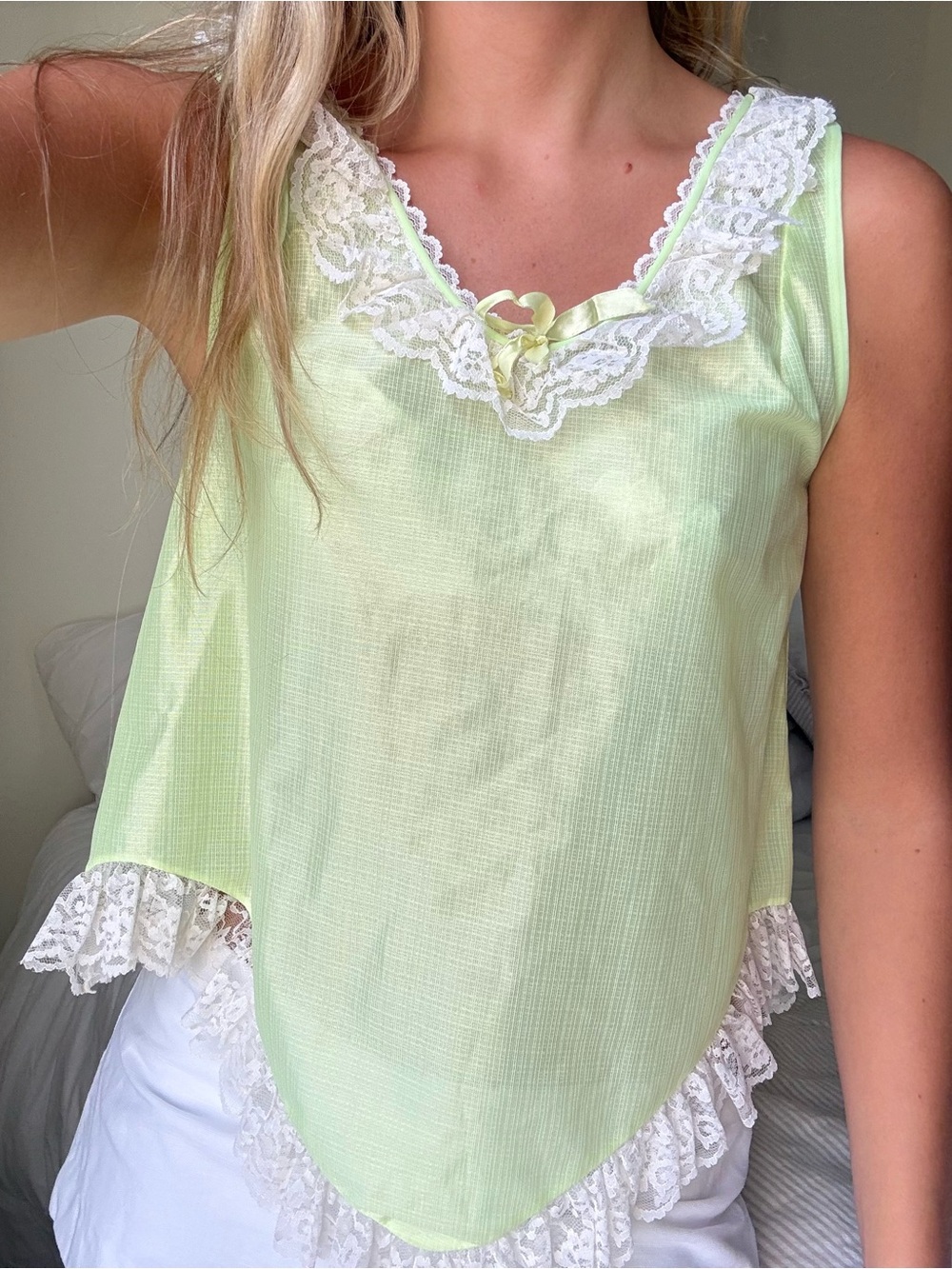 vintage Lace-Trim babydoll lingerie Top in Light Green